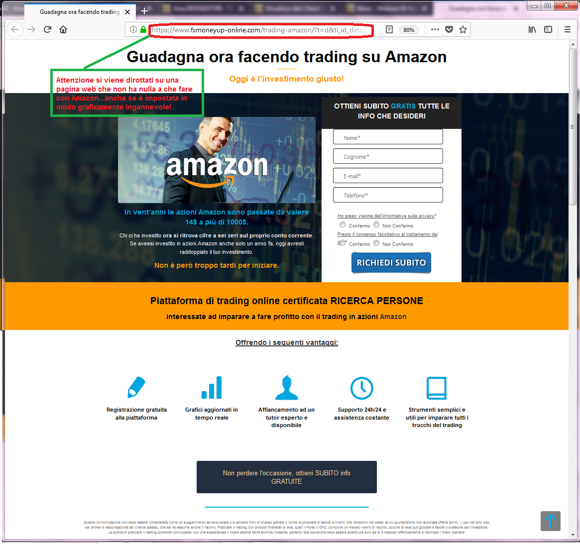 Clicca per ingrandire l'immagine del FALSO sito internet di AMAZON, che cerca di indurre il ricevente a cliccare sui link per rubare dati sensibili