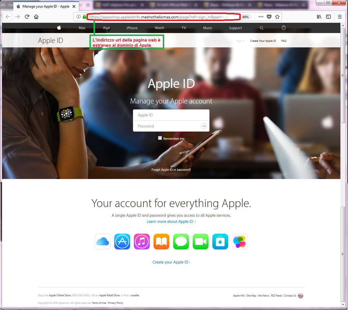 Clicca per ingrandire l'immagine del FALSO sito internet di APPLE, che cerca di indurre il ricevente a cliccare sui link per rubare le credenziali di accesso di Apple ID