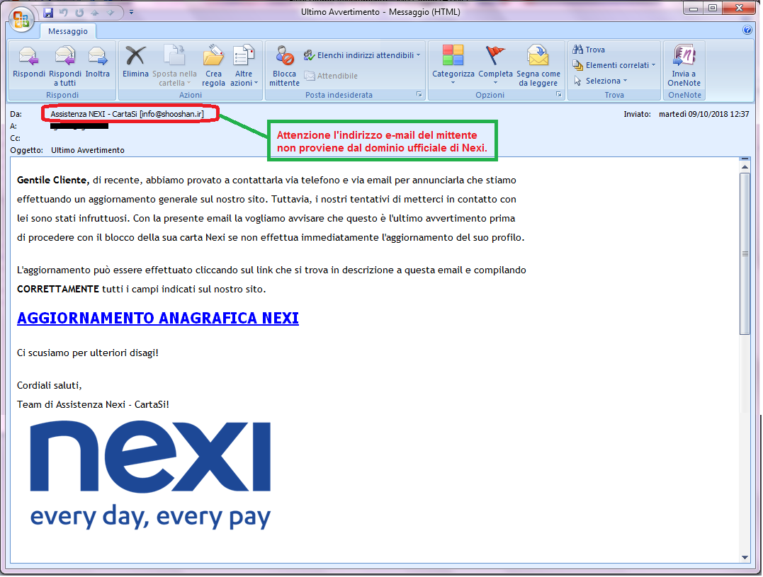 Clicca per ingrandire l'immagine della falsa e-mail di NEXI che cerca di rubare i codici della carta di credito dell'ignaro ricevente.