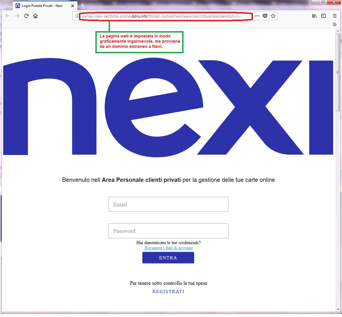 Clicca per ingrandire l'immagine della falso sito di NEXI che cerca di rubare la password dell'account della carta online.