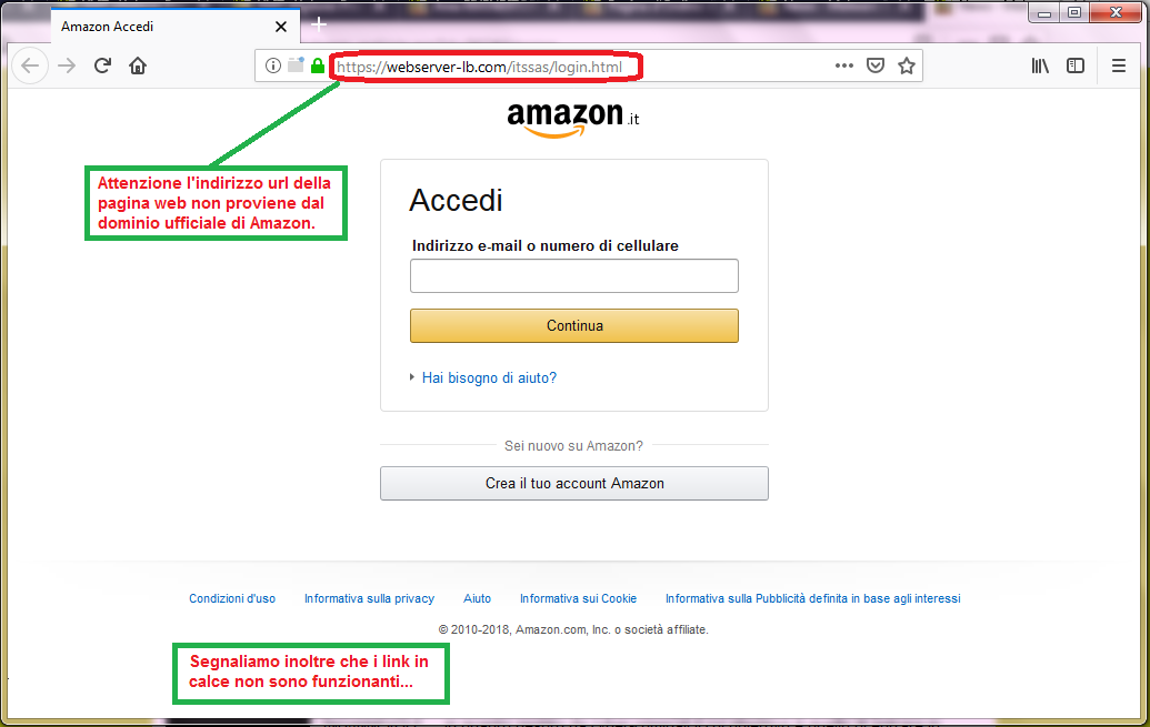 Clicca per ingrandire l'immagine del FALSO sito internet di AMAZON, che cerca di rubare le credenziali di accesso all'account...