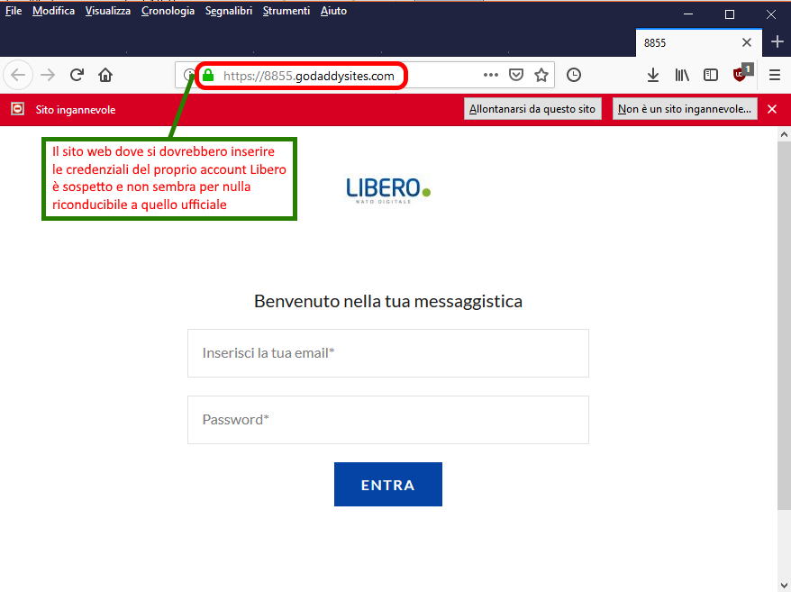 Clicca per ingrandire l'immagine del FALSO sito internet di LIBERO, che cerca di rubare le credenziali di accesso all'account e-mail.