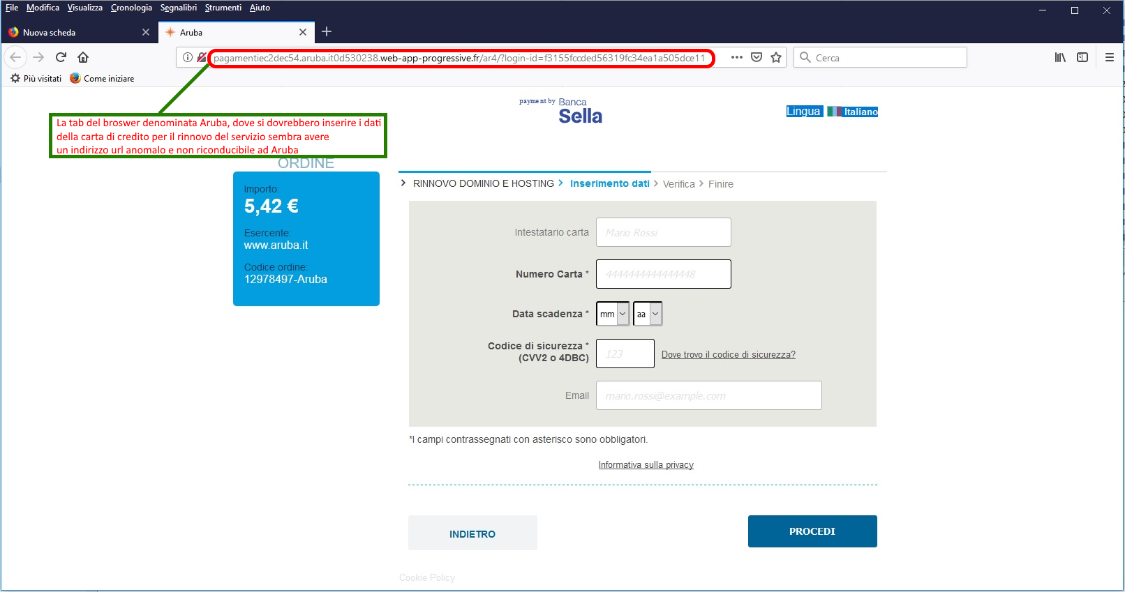 Clicca per ingrandire l'immagine del falsa pagina web di Banca Sella, che richiede l'inserimento dei dati della carta di credito per il pagamento del dominio in scadenza.