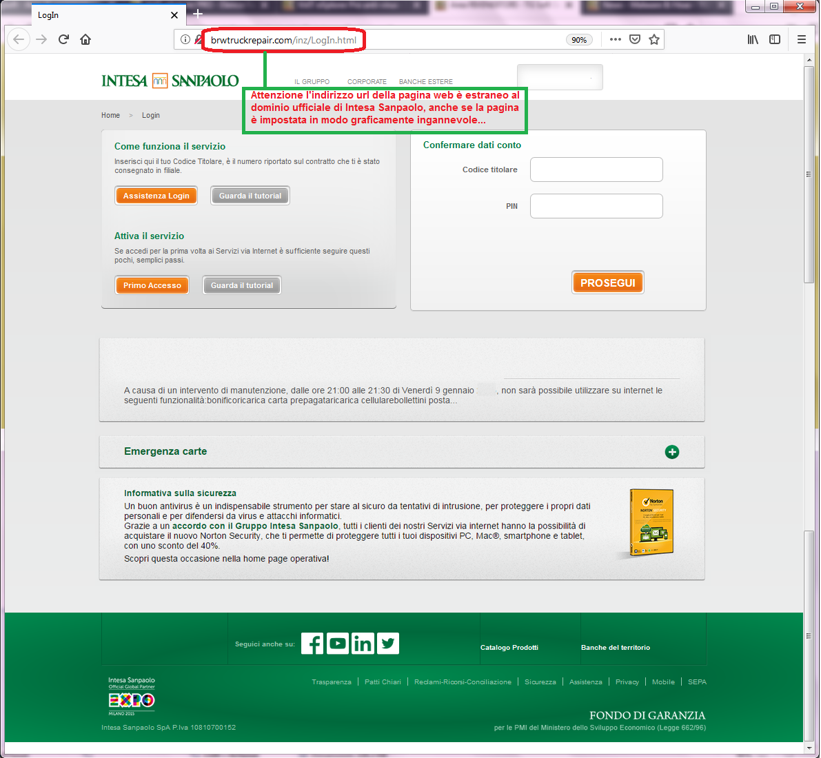 Clicca per ingrandire l'immagine del FALSO sito internet di Intesa San Paolo, che cerca di indurre il ricevente a inserire le credenziali del suo conto corrente online