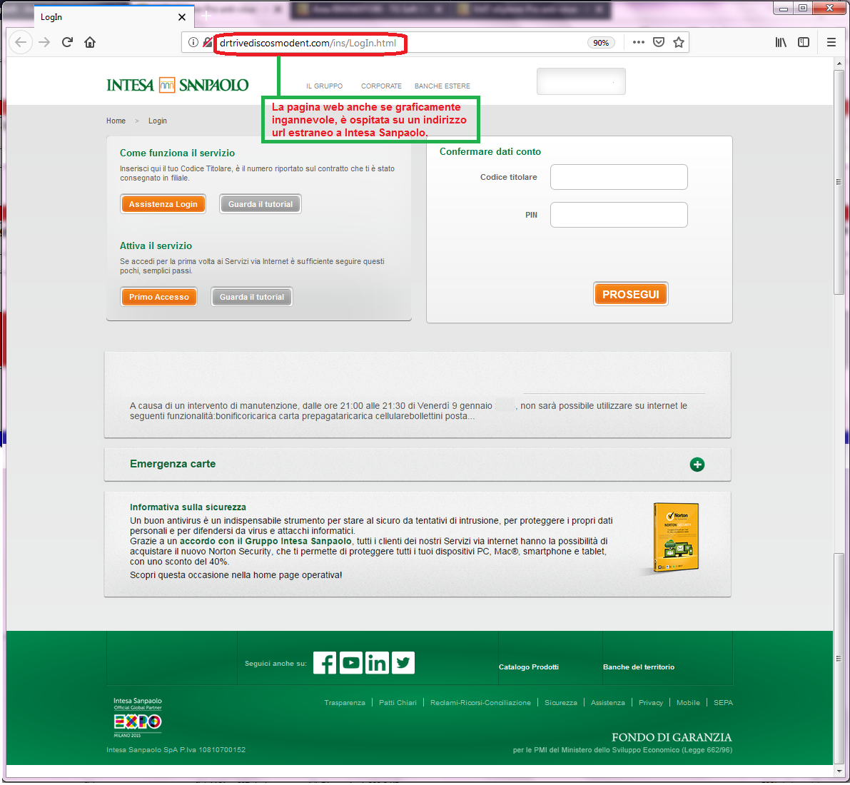 Clicca per ingrandire l'immagine del FALSO sito internet di Intesa San Paolo, che cerca di indurre il ricevente a inserire le credenziali del suo conto corrente online