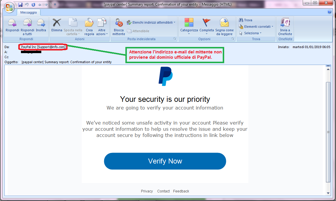 Clicca per ingrandire l'immagine della falsa e-mail di PayPal, che cerca di rubarele credenziali di accesso all'account.