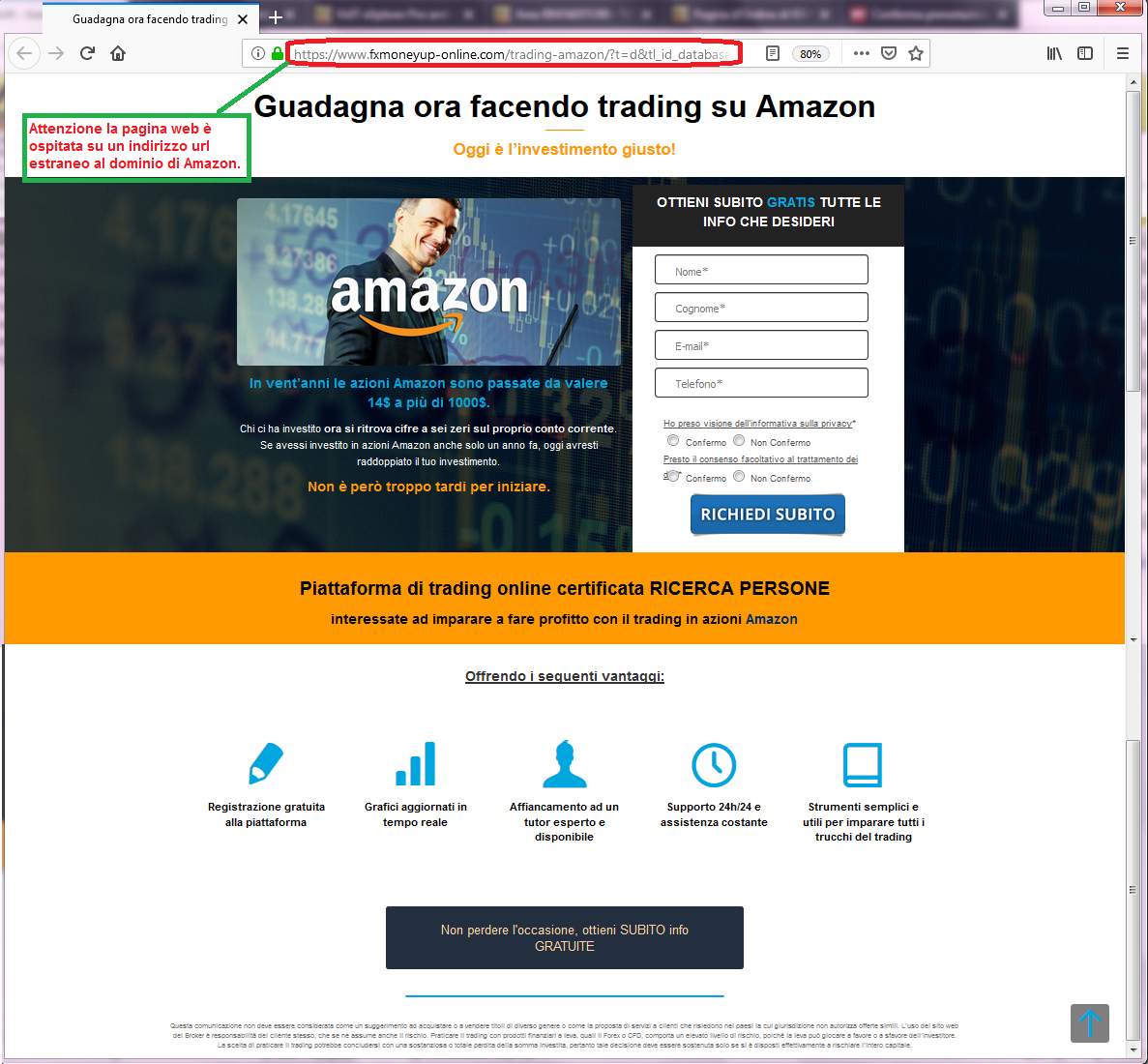Clicca per ingrandire l'immagine del FALSO sito internet di AMAZON, che cerca di indurre il ricevente a cliccare sui link per rubare dati sensibili