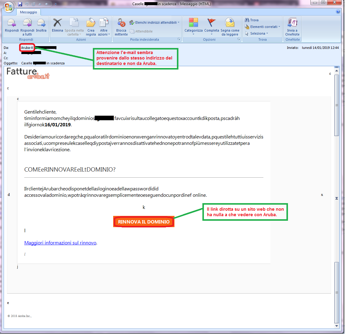 Clicca per ingrandire l'immagine della falsa e-mail di Aruba che comunica la scadenza del dominio ma in realtà è una TRUFFA!
