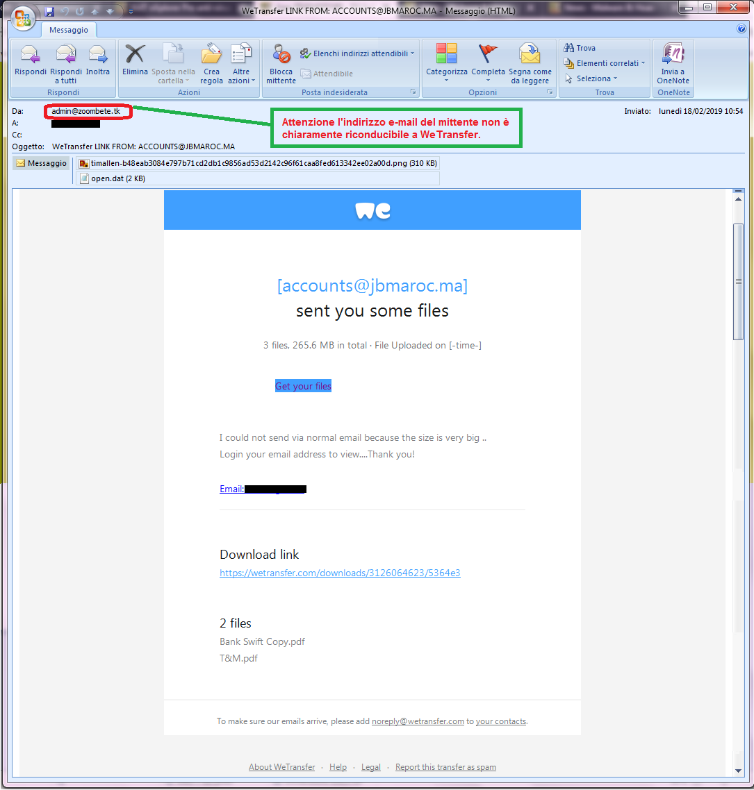 Clicca per ingrandire l'immagine della falsa e-mail di WeTransfer che cerca di rubare le credenziali della casella di posta elettronica.