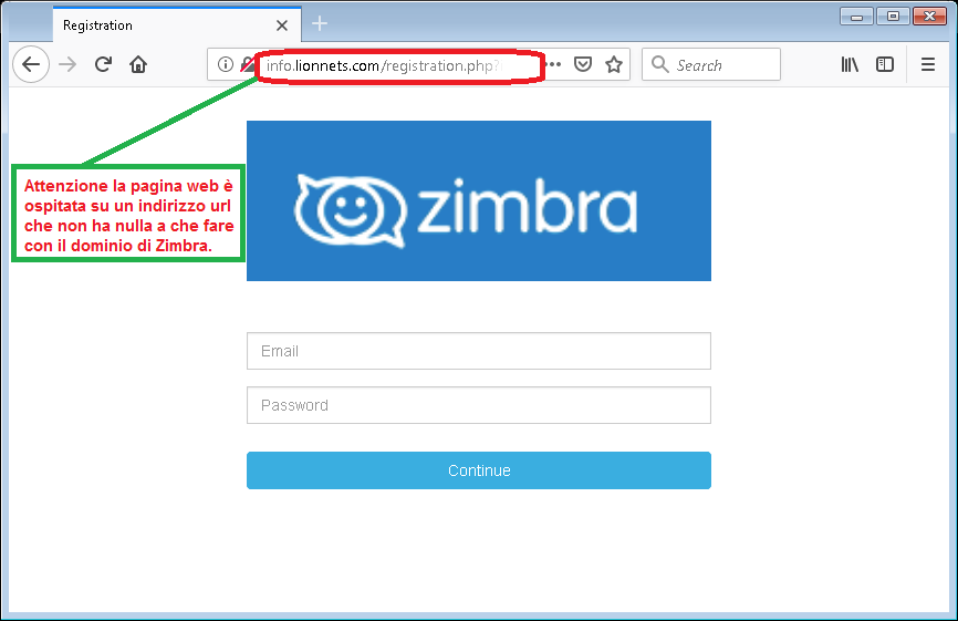 Clicca per ingrandire l'immagine del FALSO sito internet di ZIMBRA, che cerca di indurre il ricevente a inserire le credenziali di accesso alla sua casella di posta elettronica.