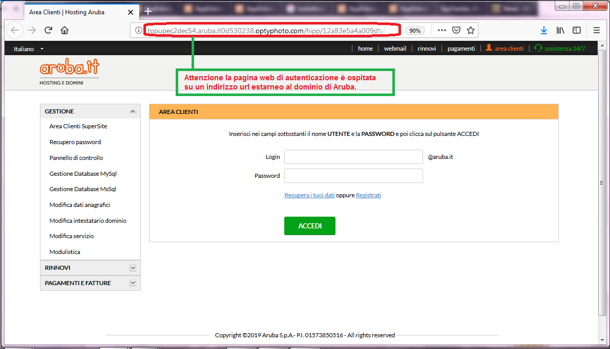 Clicca per ingrandire l'immagine del FALSO sito internet di ARUBA, che cerca di rubare le credenziali di accesso all'account...