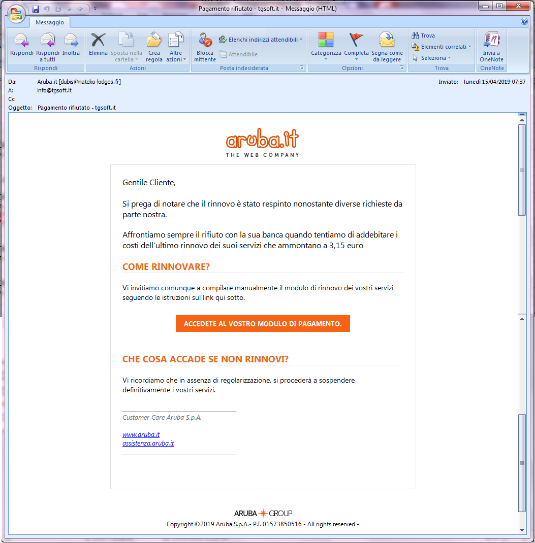 Clicca per ingrandire l'immagine della falsa e-mail di Aruba che ricorda di rinnovare il dominio in scadenza ma in realtà è una TRUFFA!