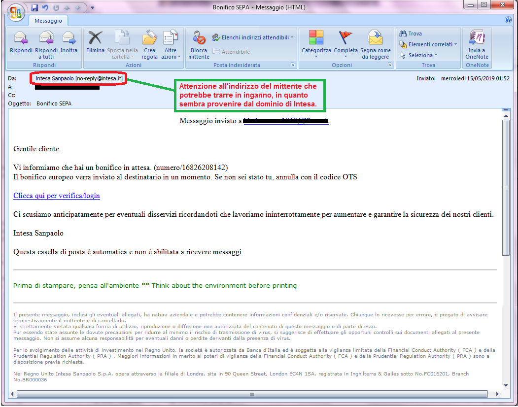 Clicca per ingrandire l'immagine della falsa e-mail di INTESA SANPAOLO, che cerca di indurre il ricevente a cliccare sui link per rubare le credenziali di accesso al conto corrente.