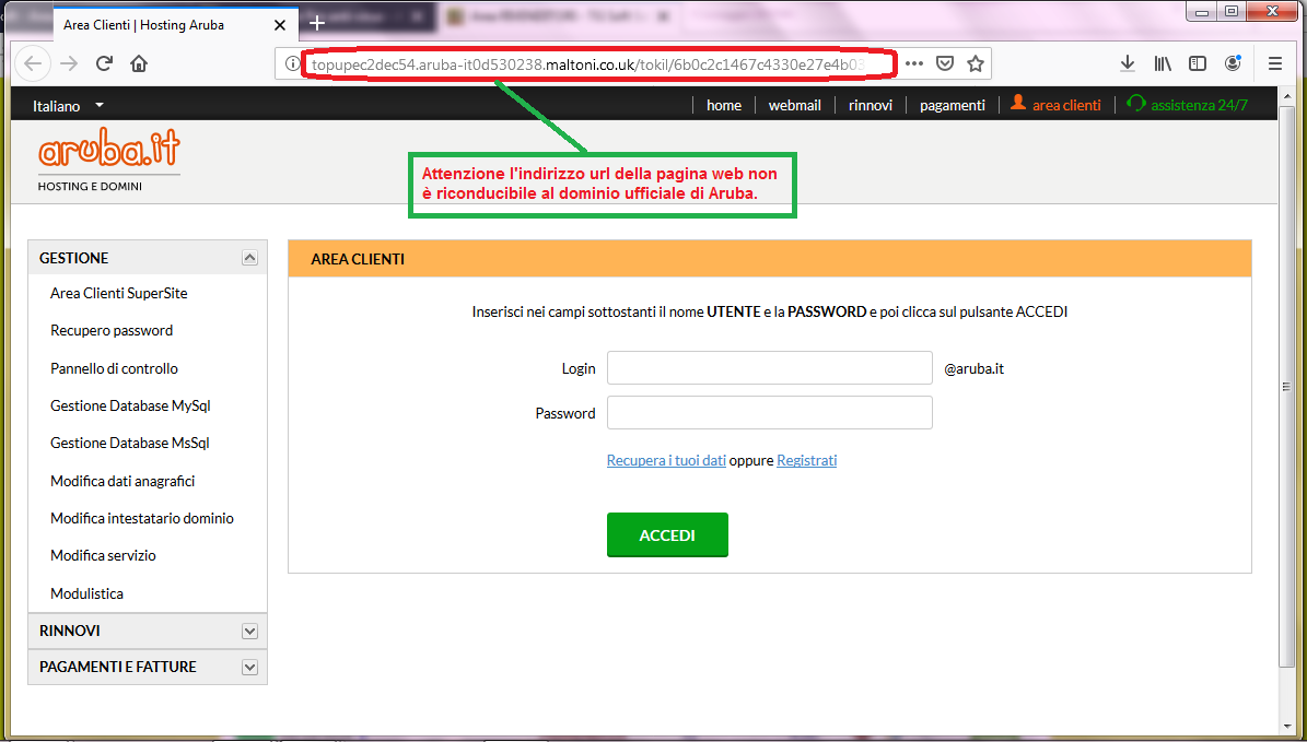 Clicca per ingrandire l'immagine del FALSO sito internet di ARUBA, che cerca di rubare le credenziali di accesso all'account...