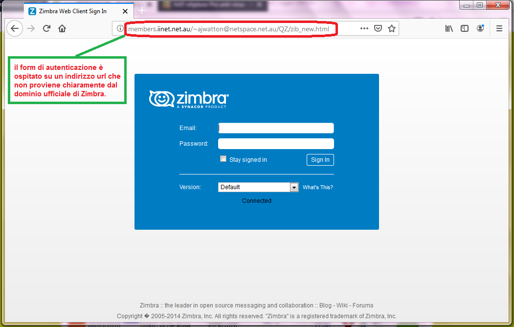 Clicca per ingrandire l'immagine del FALSO sito internet di ZIMBRA, che cerca di indurre il ricevente a inserire le credenziali di accesso alla sua casella di posta elettronica.