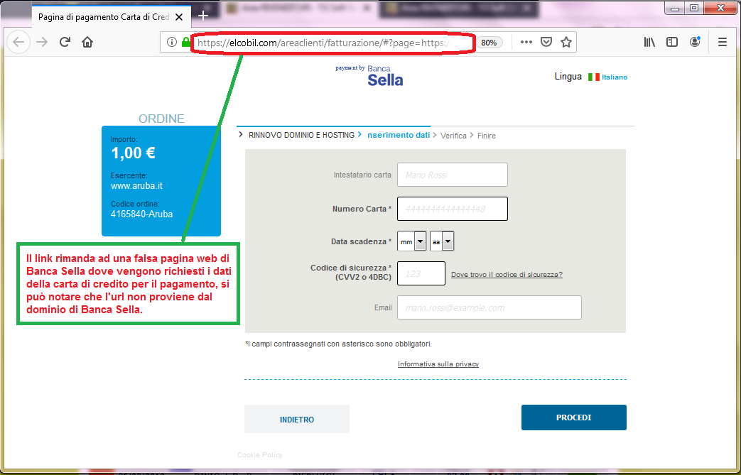 Clicca per ingrandire l'immagine del FALSO sito internet di Banca Sella a cui si viene rimandati, che cerca di rubare le credenziali della carta di credito...