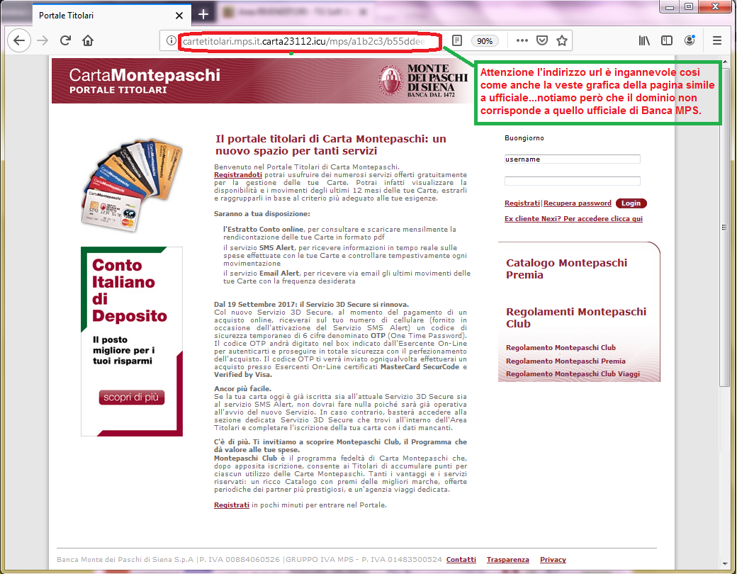 Clicca per ingrandire l'immagine del falso sito di Banca MPS, che cerca di rubare i dati della carta di credito...