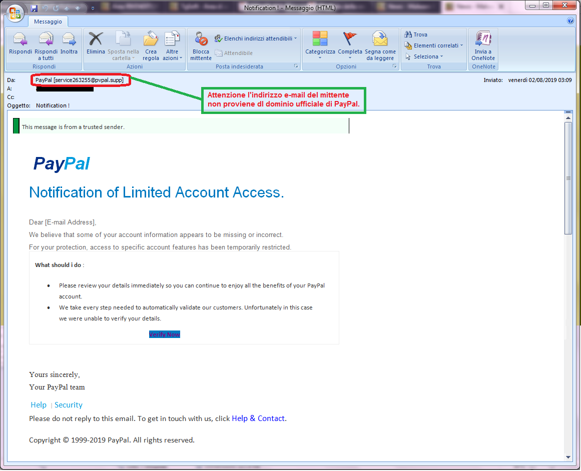 Clicca per ingrandire l'immagine della falsa e-mail di PayPal, che cerca di rubare le credenziali di accesso all'account.