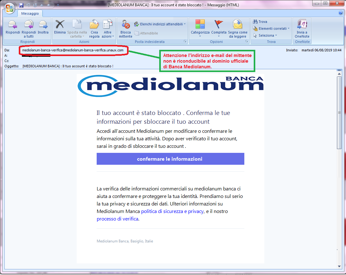 Clicca per ingrandire l'immagine della falsa e-mail di Banca MEDIOLANUM, che cerca di indurre il ricevente a cliccare sui link per rubare le credenziali di accesso al conto corrente.