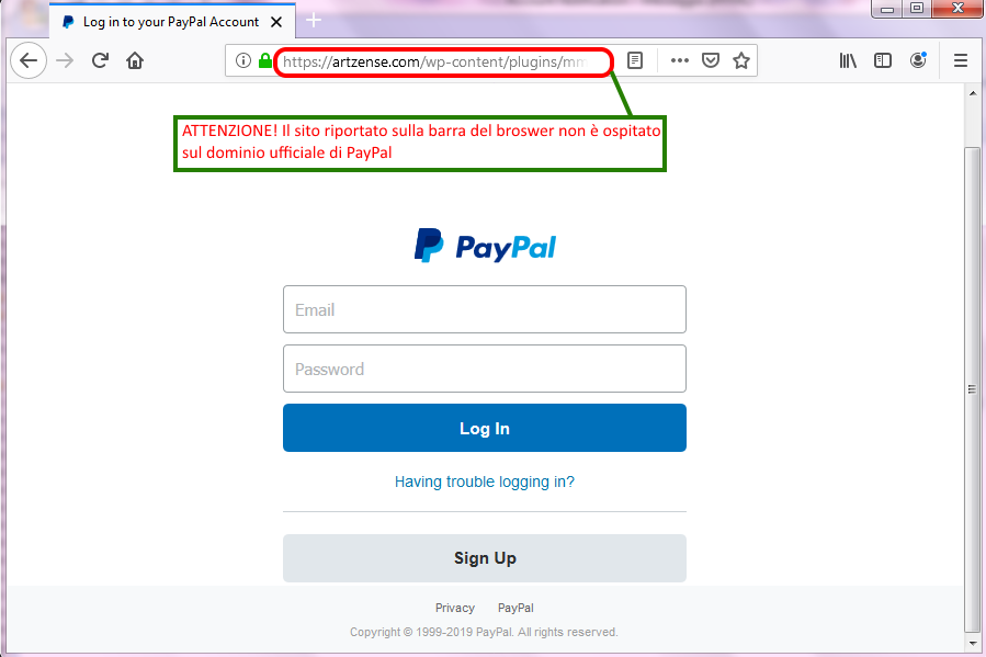Clicca per ingrandire l'immagine del falso sito di PayPal, che cerca di rubare i dati di accesso all'account......
