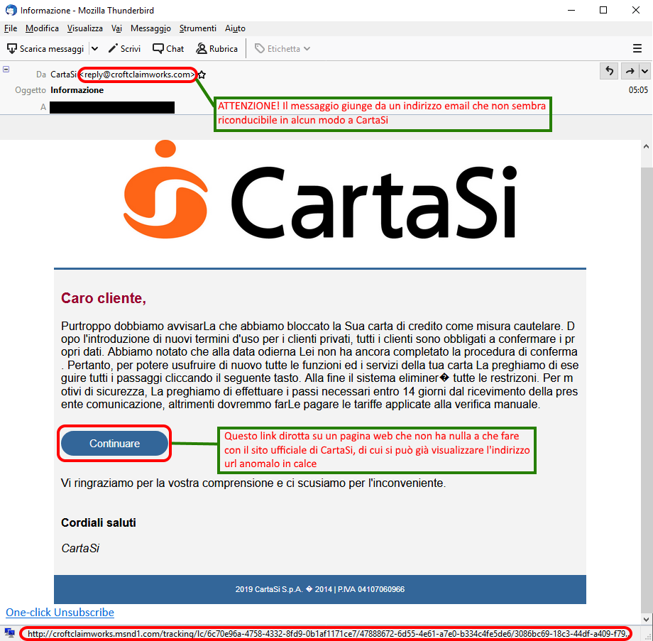 Clicca per ingrandire l'immagine della falsa e-mail di CartaSl, che cerca di rubare le credenziali di accesso all'account.