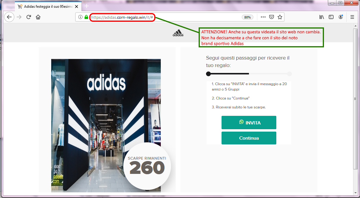 Clicca per ingrandire l'immagine della falsa videata di Adidas dove viene proposto un sondaggio che sembra dar la possibilità di ottenere scarpe e abbigliamento firmato dal noto brand di articoli sportivi Adidas ma che in realtà è una TRUFFA!!