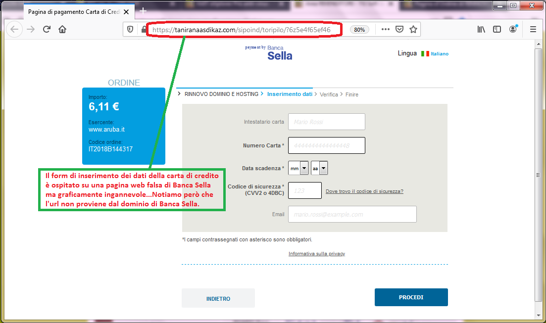 Clicca per ingrandire l'immagine del FALSO sito internet di Banca Sella a cui si viene rimandati, che cerca di rubare le credenziali della carta di credito...