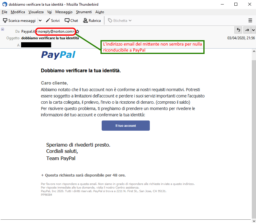 Clicca per ingrandire l'immagine della falsa e-mail di PayPal, che cerca di rubare le credenziali di accesso all'account.