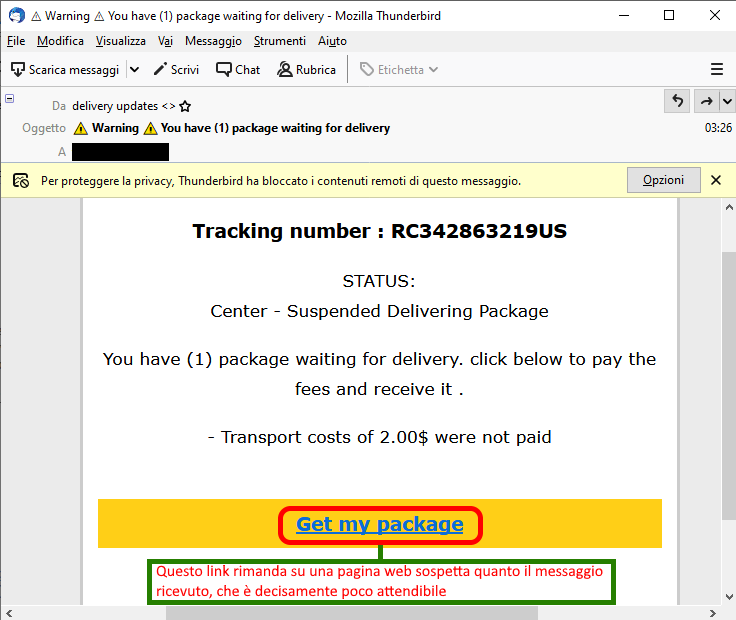 Clicca per ingrandire l'immagine della falsa e-mail che sembrerebbe informare l'utente di una spedizione in attesa di essere consegnata ma che in realtà è una TRUFFA!!