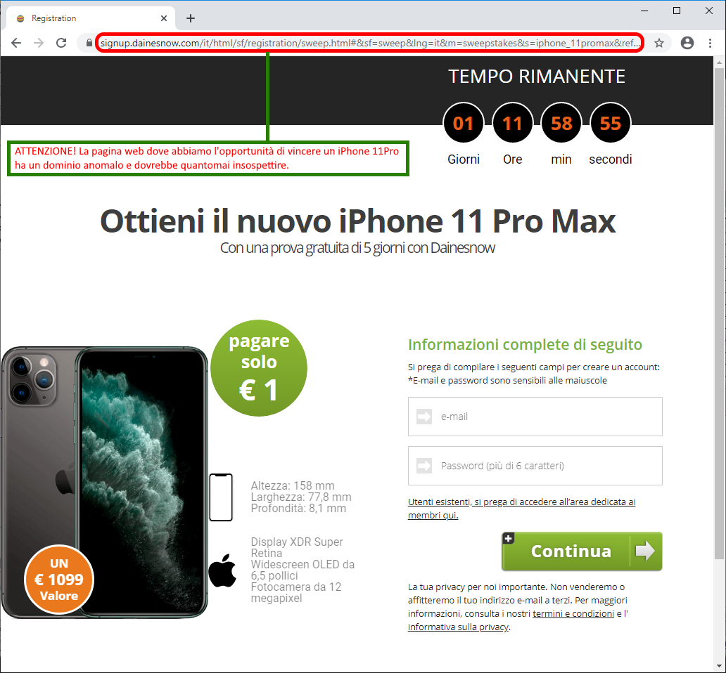 Clicca per ingrandire l'immagine del FALSO sito internet che dovrebbe dare l'opportunità di vincere uniPhone 11 Pro ma che cerca di rubare le credenziali della carta di credito...