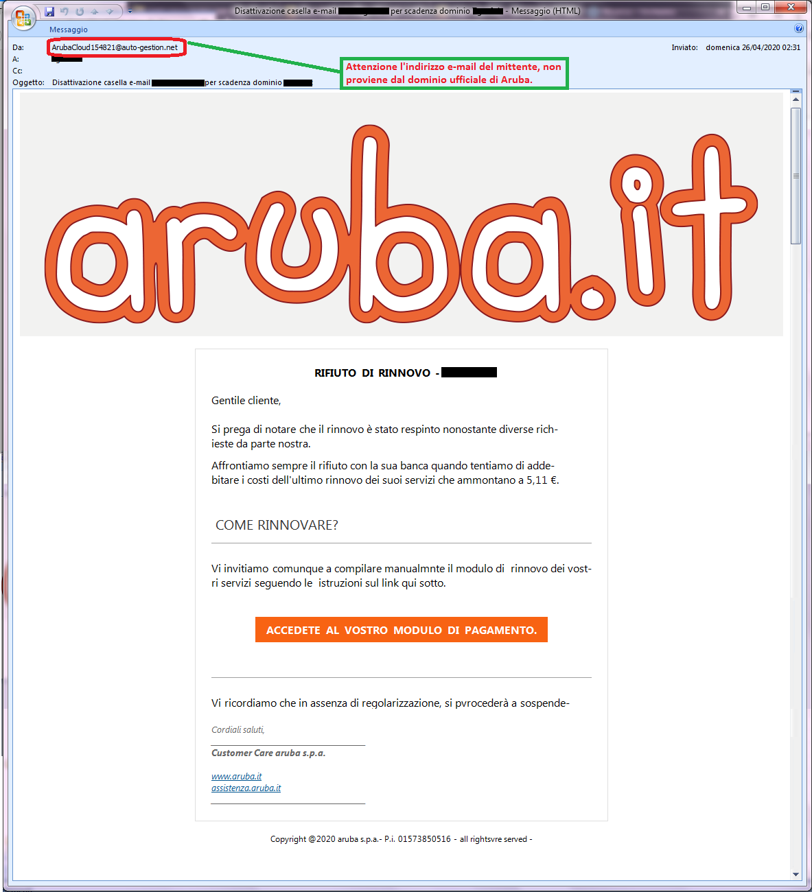 Clicca per ingrandire l'immagine della falsa e-mail di Aruba che comunica un problema di fatturazione ma in realtà è una TRUFFA!