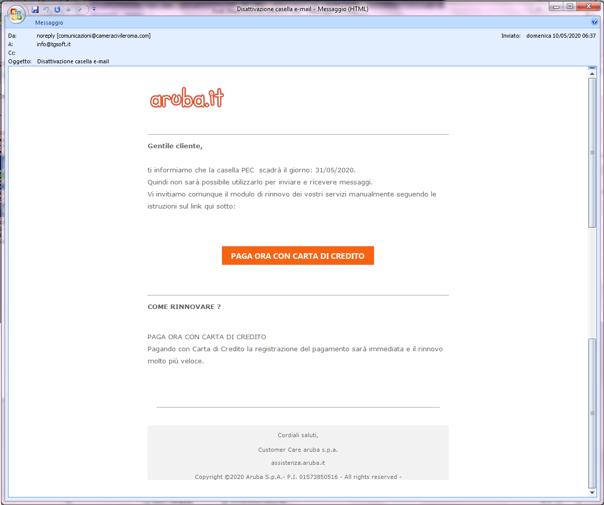Clicca per ingrandire l'immagine della falsa e-mail di Aruba che comunica che il dominio è scaduto e deve essere rinnovato ma in realtà è una TRUFFA!