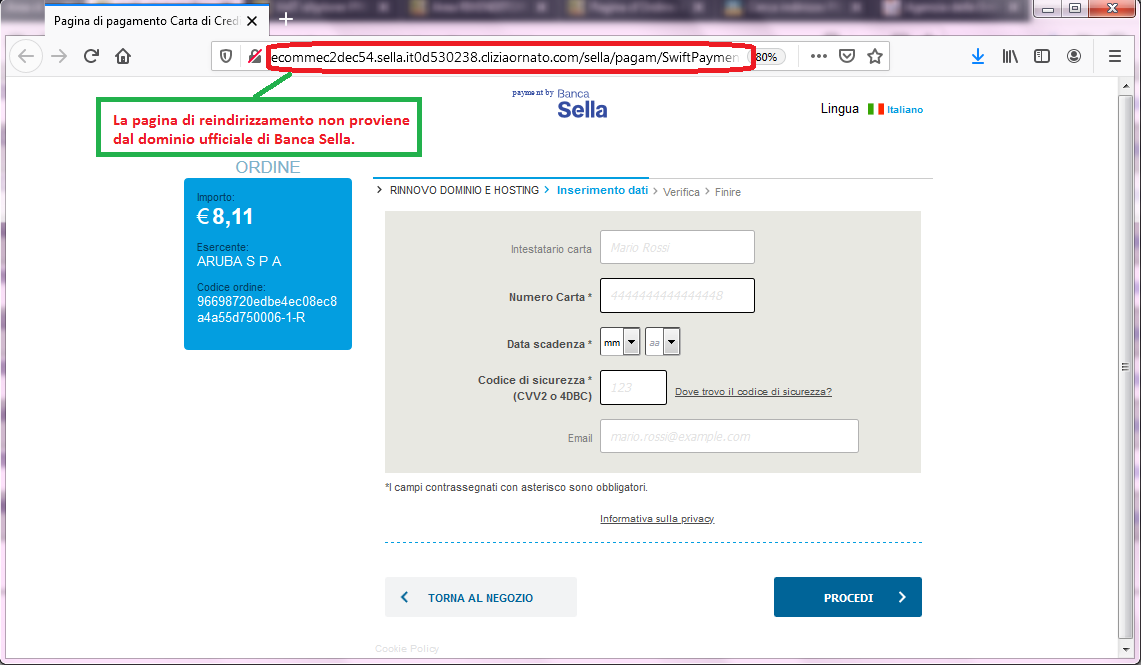 Clicca per ingrandire l'immagine del FALSO sito internet di Banca Sella a cui si viene rimandati, che cerca di rubare le credenziali della carta di credito...