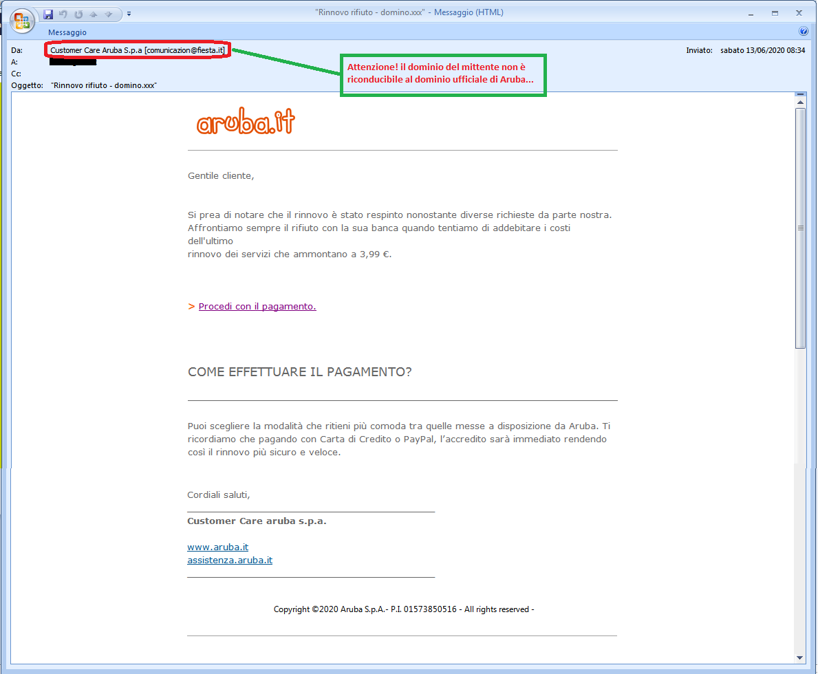 Clicca per ingrandire l'immagine della falsa e-mail di Aruba che comunica un problema di fatturazione ma in realtà è una TRUFFA!