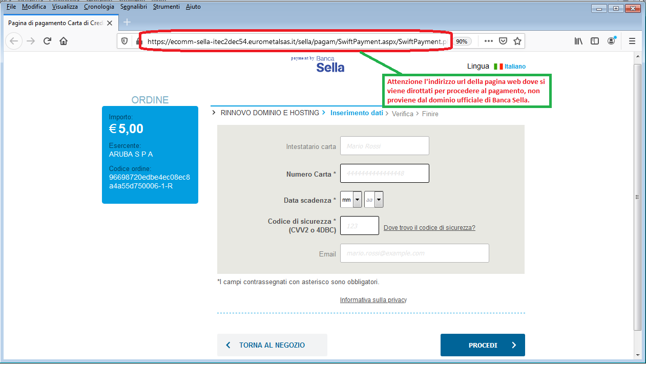 Clicca per ingrandire l'immagine del FALSO sito internet di Banca Sella a cui si viene rimandati, che cerca di rubare le credenziali della carta di credito...
