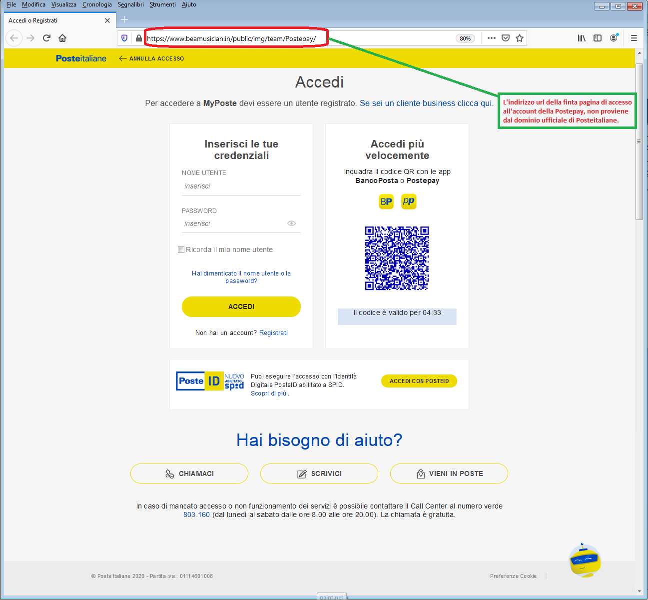 Clicca per ingrandire l'immagine della falsa pagina web di POSTE ITALIANE che cerca di rubare le credenziali di accesso all'account...