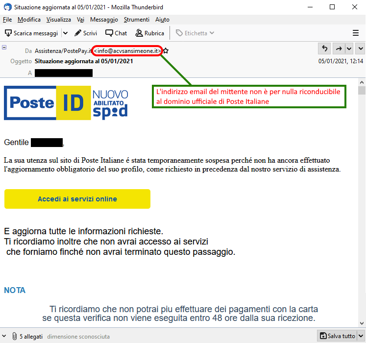 Clicca per ingrandire l'immagine della falsa e-mail di Poste Italiane, che cerca di rubare le credenziali di accesso all'account...