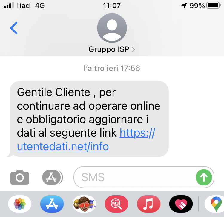 Clicca per ingrandire l'immagine del falso sms giunto da Intesa Sanpaolo che cerca di indurre il ricevente a cliccare sui link per rubare le credenziali di accesso a suo conto corrente.