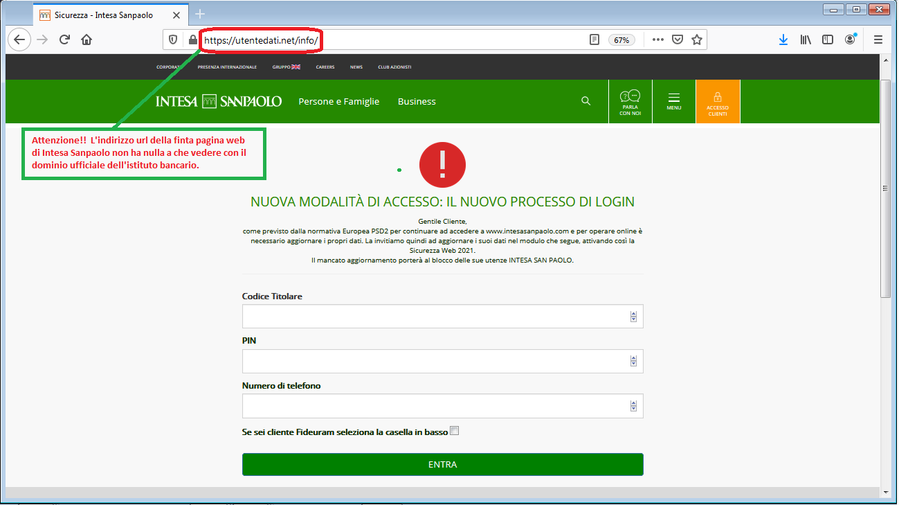 Clicca per ingrandire l'immagine del FALSO sito internet di Banco Intesa Sanpaolo, che cerca di indurre il ricevente a inserire le credenziali del suo conto corrente online