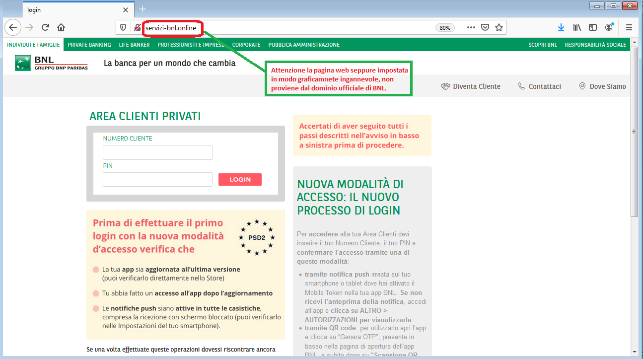 Clicca per ingrandire l'immagine del falso sito di BNL, che cerca di rubare le credenziali di accesso al conto corrente bancario