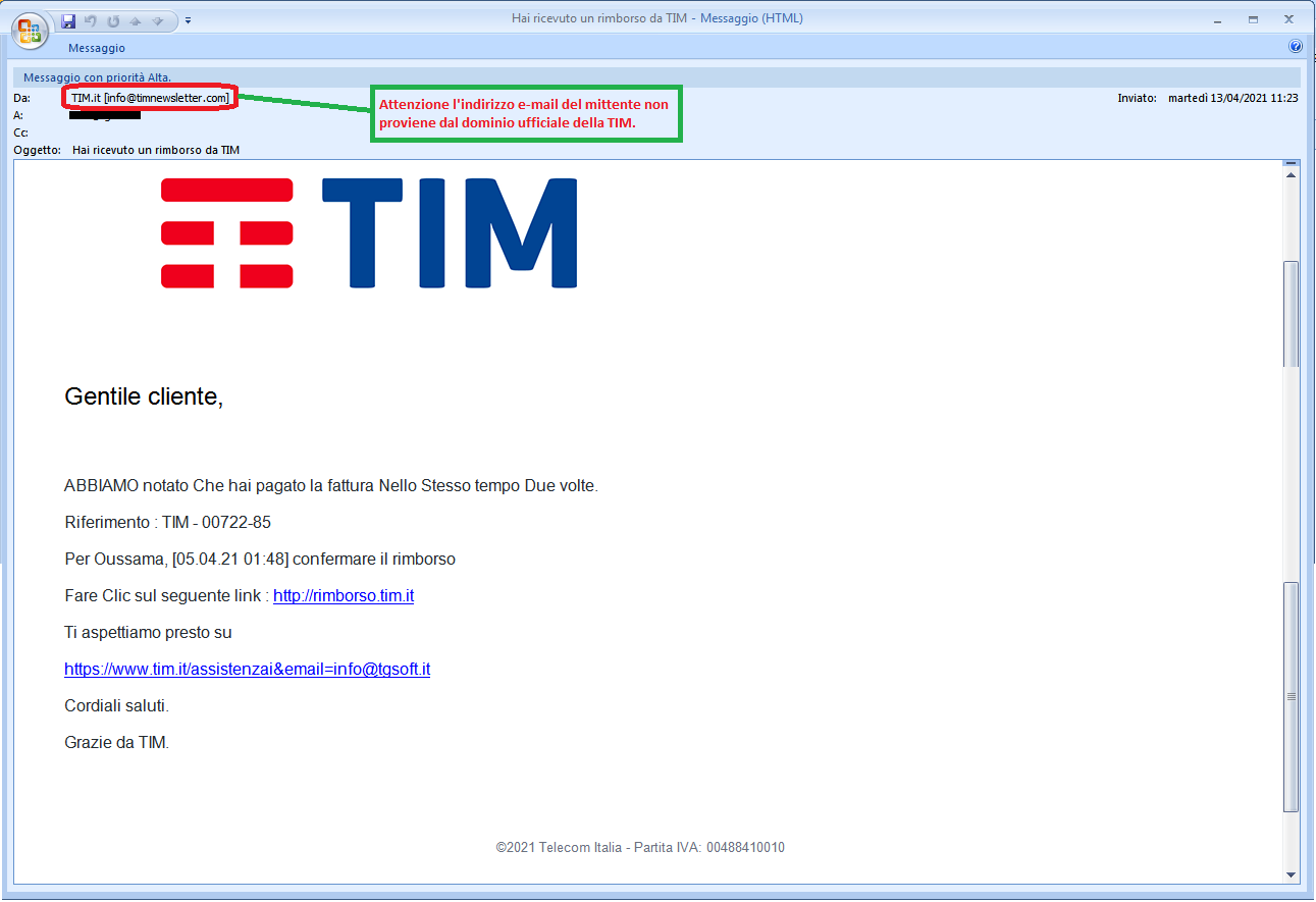 Clicca per ingrandire l'immagine del falso messaggio giunto via mail apparentemente da TIM che informa l'ignaro ricevente di un rimborso pendente ma che in realtà si tratta di una TRUFFA!