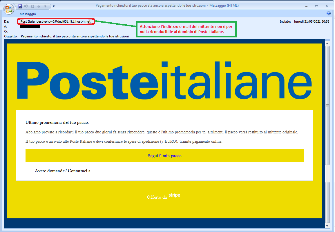 Clicca per ingrandire l'immagine della falsa e-mail di Poste Italiane, che cerca di rubare le credenziali di accesso all'account...