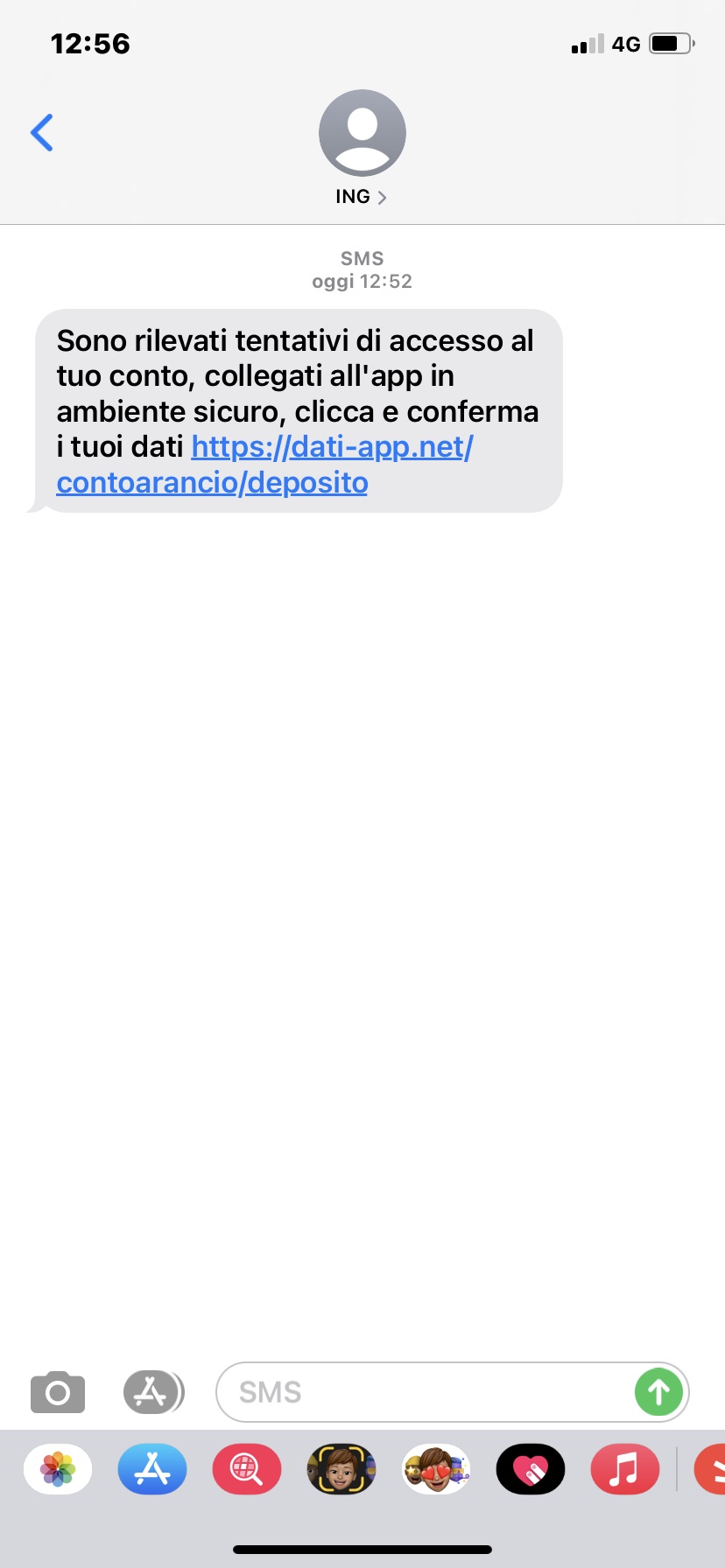 Clicca per ingrandire l'immagine del falso sms che informa che è stato rilevato un tentativo di accesso al conto corrente di ING Direct...ma in realtà si tratta di una TRUFFA!