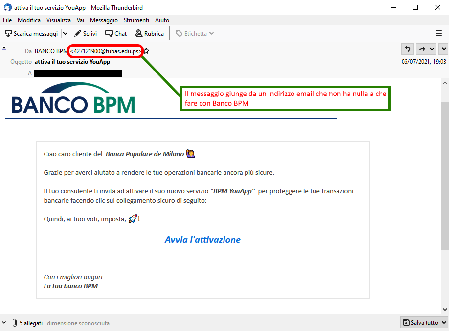 Clicca per ingrandire l'immagine della falsa e-mail di Banco BPM, che cerca di indurre il ricevente a cliccare sui link per rubare le credenziali di accesso al suo account.