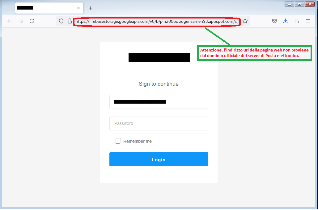 Clicca per ingrandire l'immagine del falso sito web, che simula la login di accesso all'account di posta elettronica, per rubare le credenziali di accesso..