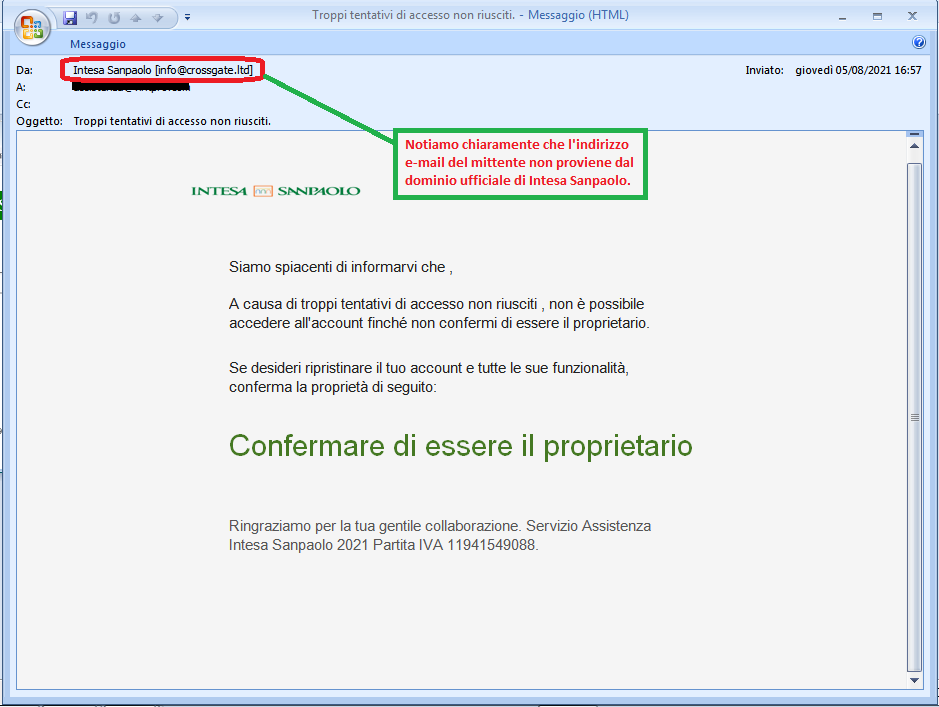Clicca per ingrandire l'immagine della falsa e-mail di Intesa Sanpaolo, che cerca di indurre il ricevente a cliccare sui link per rubare le credenziali di accesso al suo account. Clicca per ingrandire l'immagine della falsa e-mail di Intesa Sanpaolo, che cerca di indurre il ricevente a cliccare sui link per rubare le credenziali di accesso al suo account.
