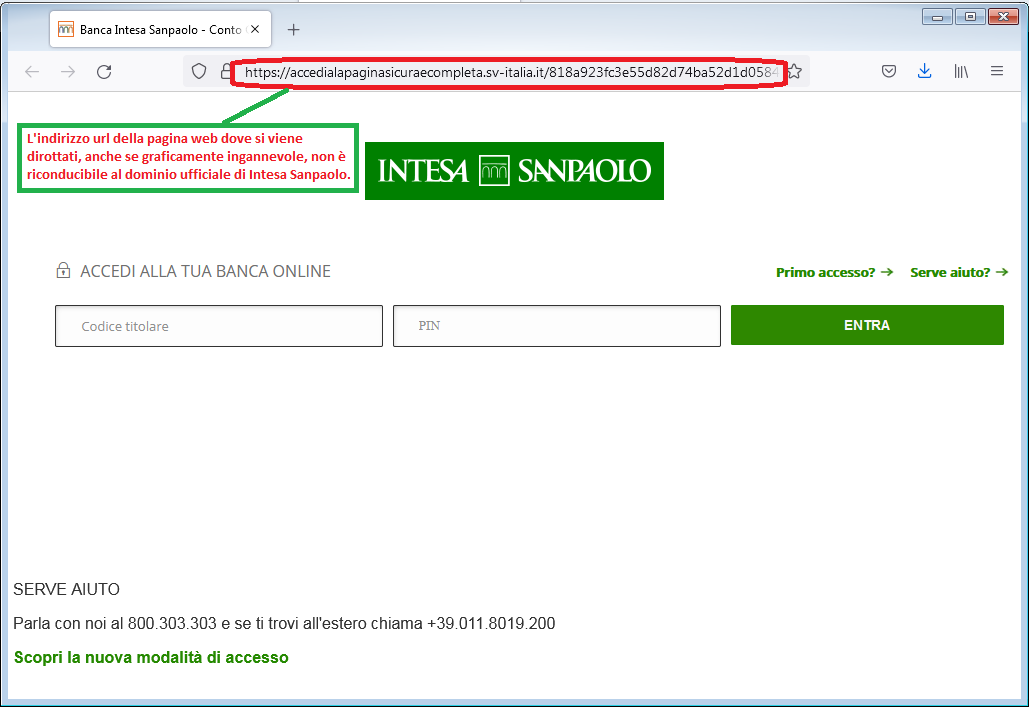 Clicca per ingrandire l'immagine del FALSO sito internet di Intesa Sanpaolo, che cerca di indurre il ricevente a inserire le credenziali del suo conto corrente online