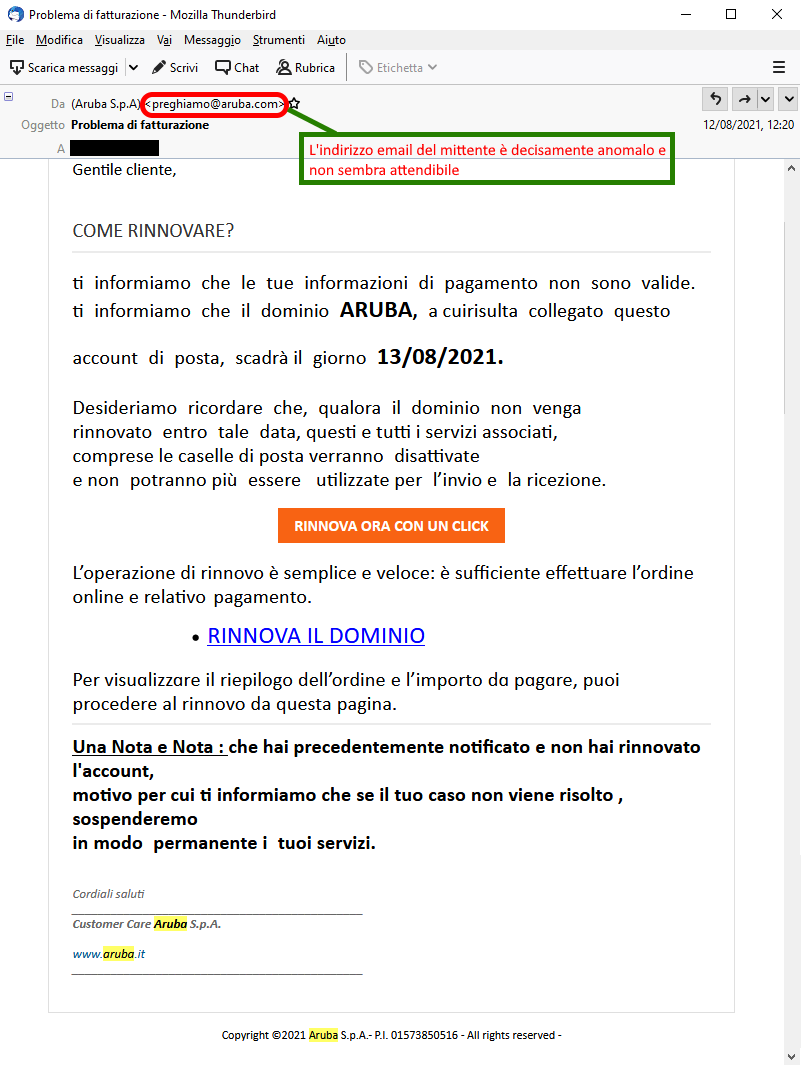 Clicca per ingrandire l'immagine della falsa e-mail di Aruba che informa della prossima scadenza del dominio collegato all'account di posta ma che in realtà è una TRUFFA!