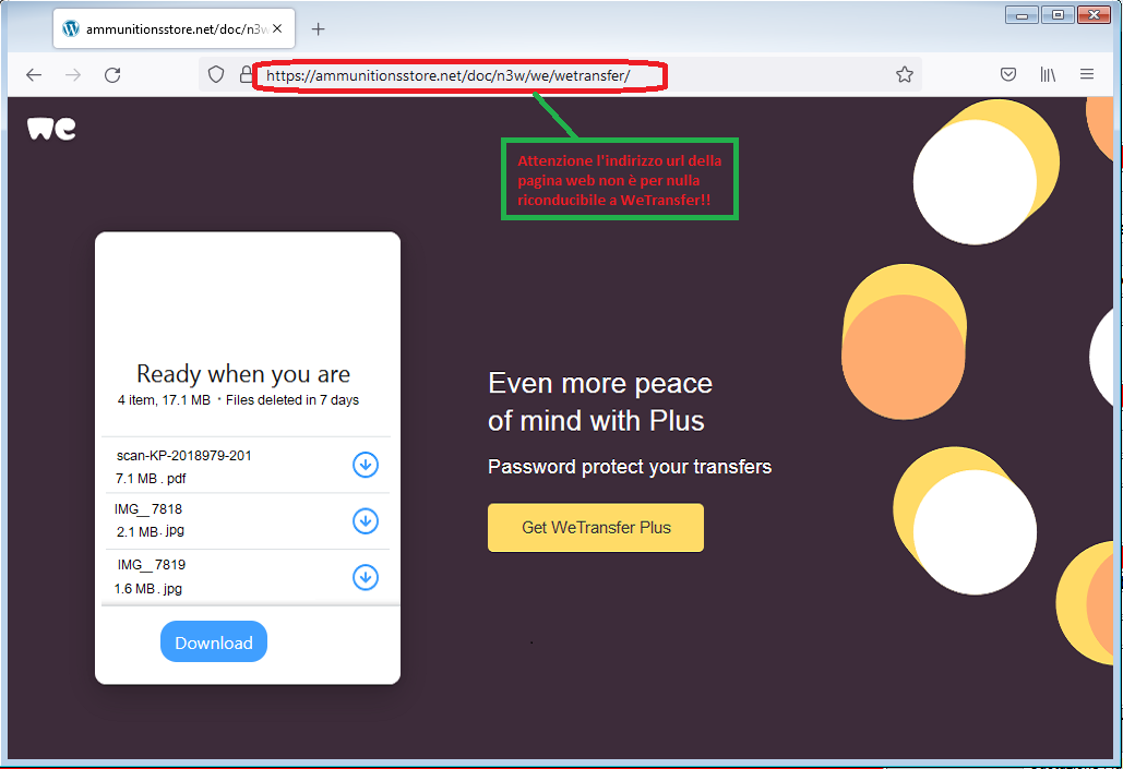 Clicca per ingrandire l'immagine del falso sito di WeTransfer, che cerca di rubare le credenziali di accesso all'account..