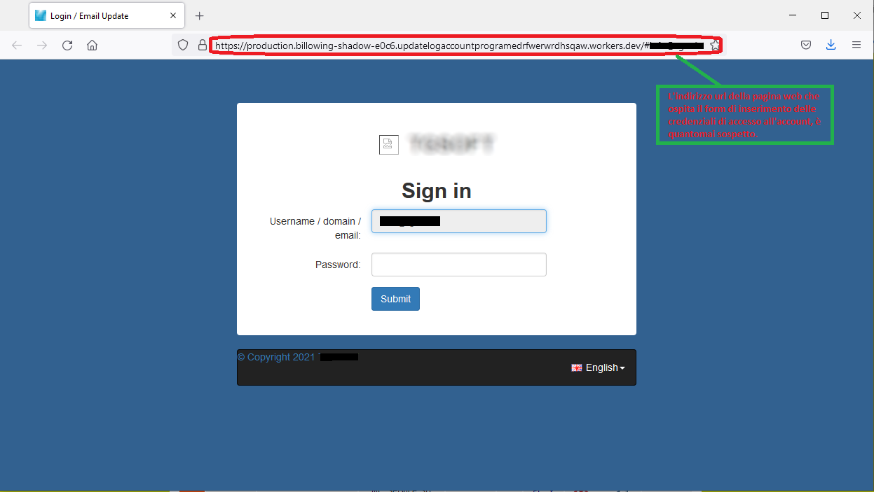 Clicca per ingrandire l'immagine del falso sito dell'account di posta elettronica, che cerca di rubare le credenziali di accesso all'account..